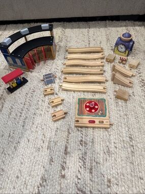 Wooden Train Track Accessory Set with Red and Natural Wood 20 Pieces